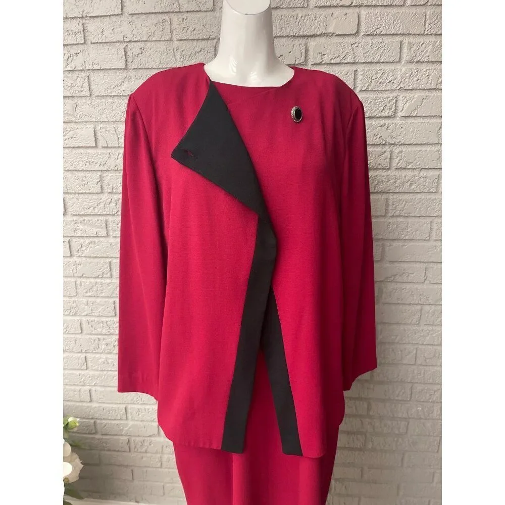 Leslie Fay Women Short Sleeve Red Dress With Asymmetric Trim Jacket 2 Pcs Set Si